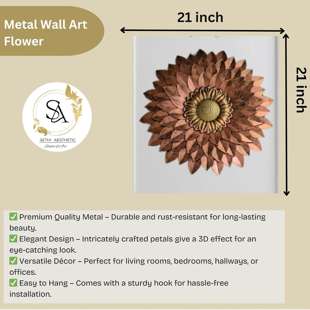 Metal Designer Flower Wall Decor - Size 21 X 21 inch (Copper Brown)