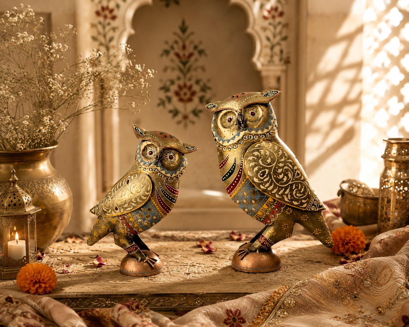 Handcrafted 13 & 10 inch Metal Rajasthani Owl Set for Home Decor | Traditional Indian Art Decorative Owl Figurines | Vintage Hand-Painted Showpiece Set of 2.