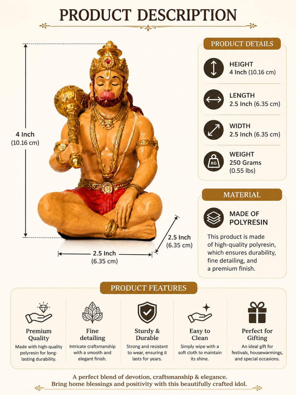 Hanuman Murti Idol for Car Dashboard, Home & Office Desk | Resin Bajrangbali Statue for Pooja Room, Temple Decoration, Festival Gifting & Spiritual Showpiece