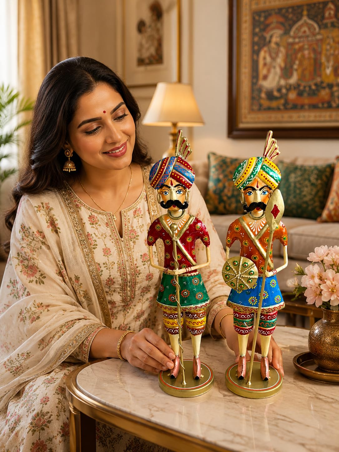 Handcrafted Metal Rajasthani Chowkidar Set of 2 | Traditional Hand-Painted Royal Warrior Figurines | Indian Folk Art Decorative Showpiece for Home, Office & Lobby Decor | 15 Inch