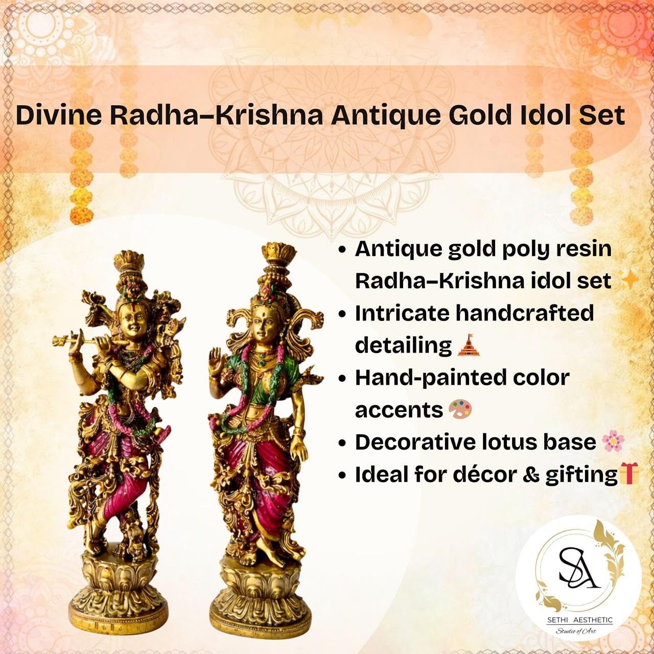 Radha Krishna Resin Showpiece Set 14 Inch | Krishna Playing Flute & Radha Blessing Statue for Home Décor | Living Room | Temple | Festive Gifts (Radha Krishna)