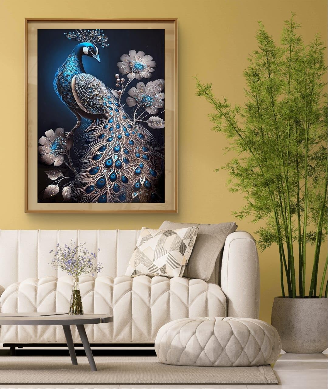 Crystal Peacock Wall Art, Framed Painting for Living Room.