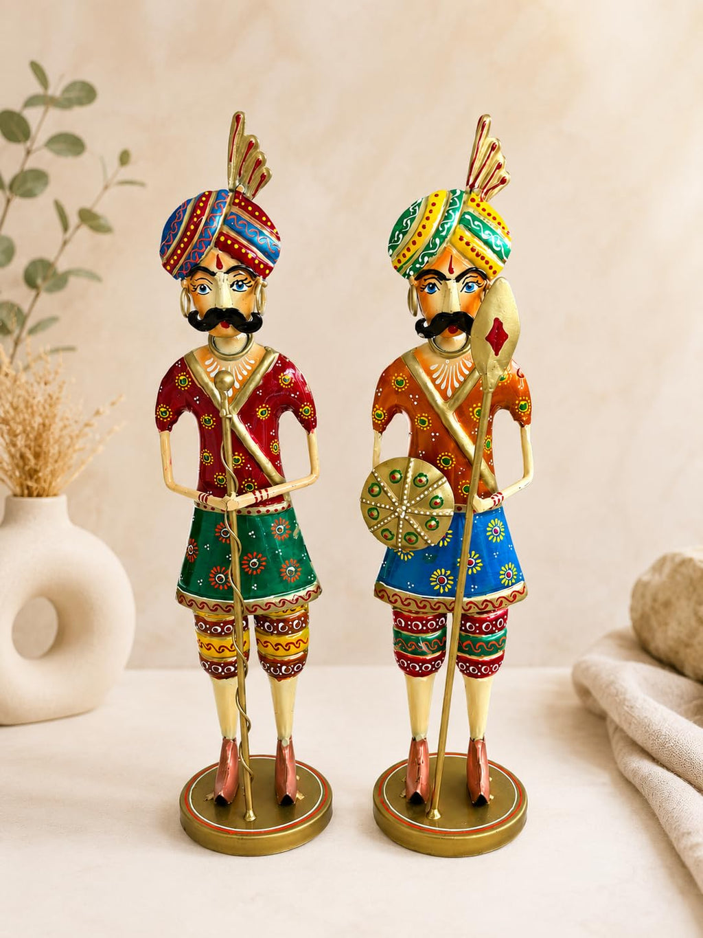 Handcrafted Metal Rajasthani Chowkidar Set of 2 | Traditional Hand-Painted Royal Warrior Figurines | Indian Folk Art Decorative Showpiece for Home, Office & Lobby Decor | 15 Inch