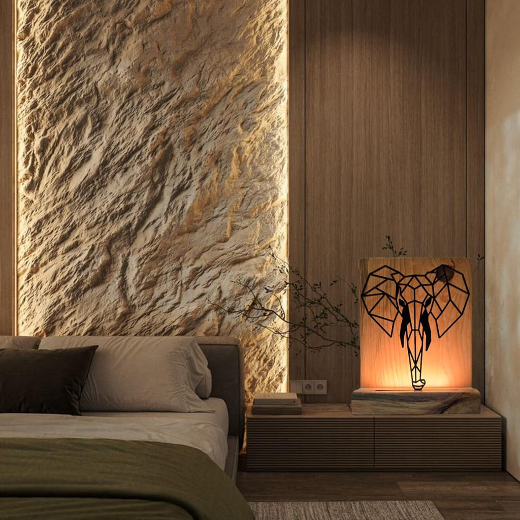 Metal Elephant LED Table Lamp with Pine Wood Base, Natural Wood, Laser Cut Design, 9x7 Inches, Decorative Ambient Lighting Modern Style