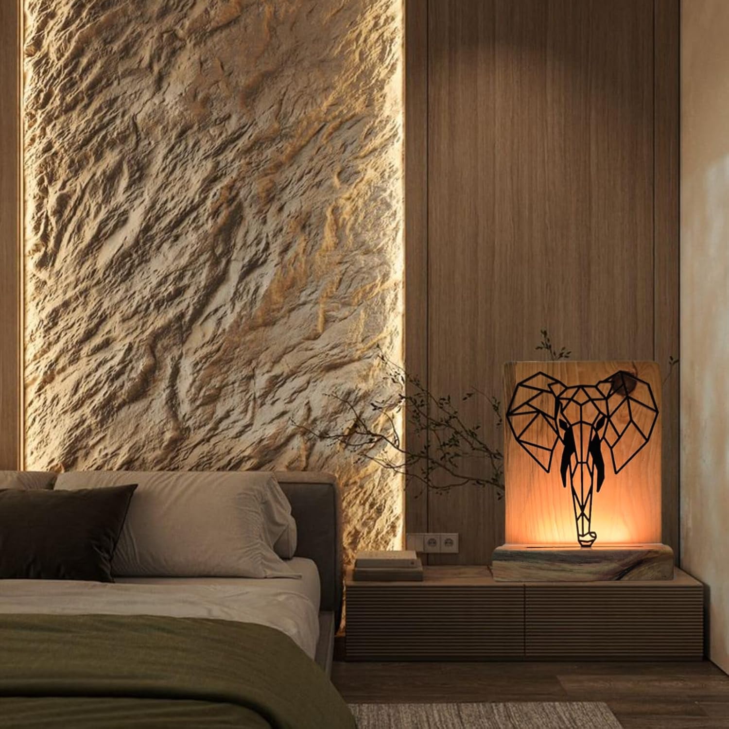 Metal Elephant LED Table Lamp with Pine Wood Base, Natural Wood, Laser Cut Design, 9x7 Inches, Decorative Ambient Lighting Modern Style