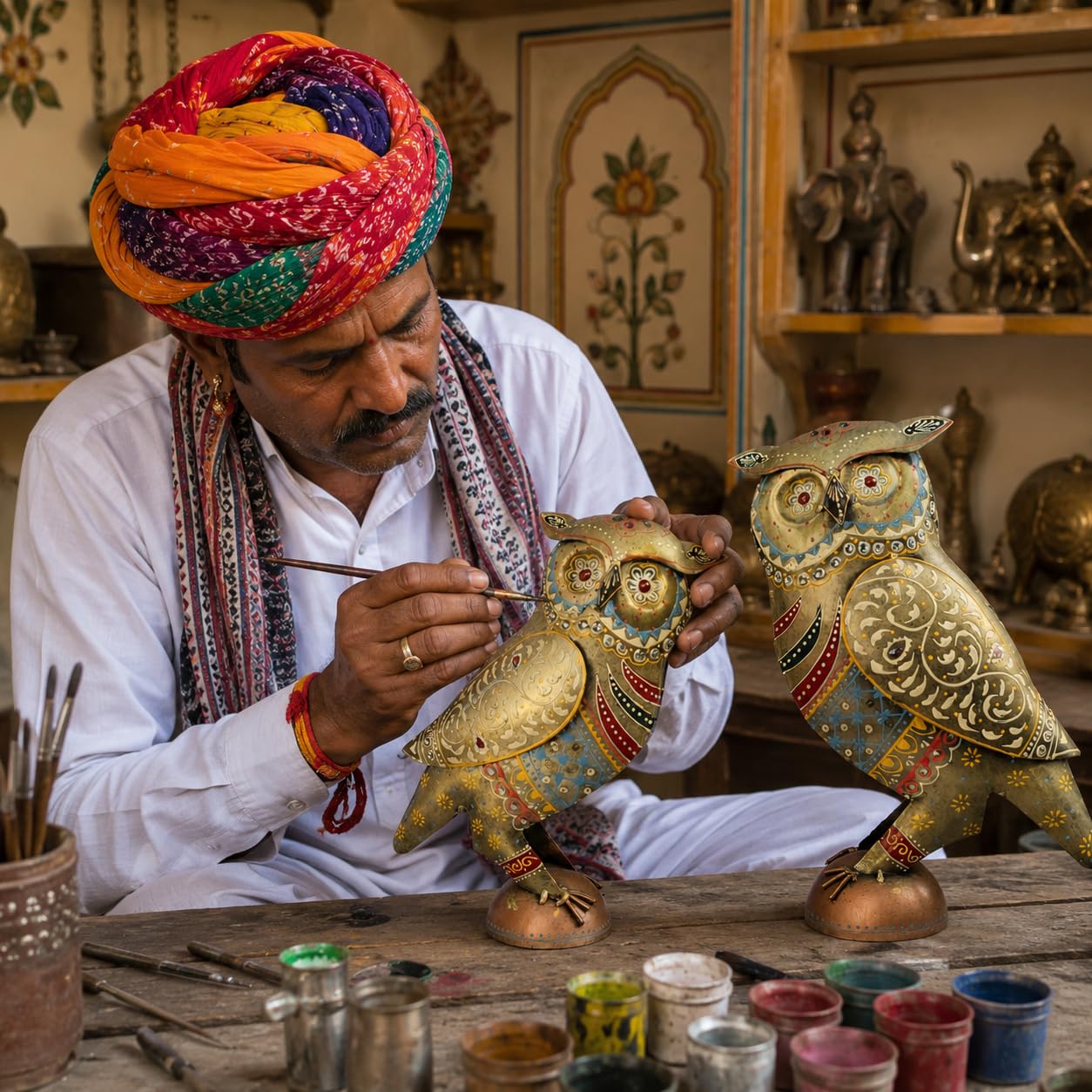 Handcrafted 13 & 10 inch Metal Rajasthani Owl Set for Home Decor | Traditional Indian Art Decorative Owl Figurines | Vintage Hand-Painted Showpiece Set of 2.