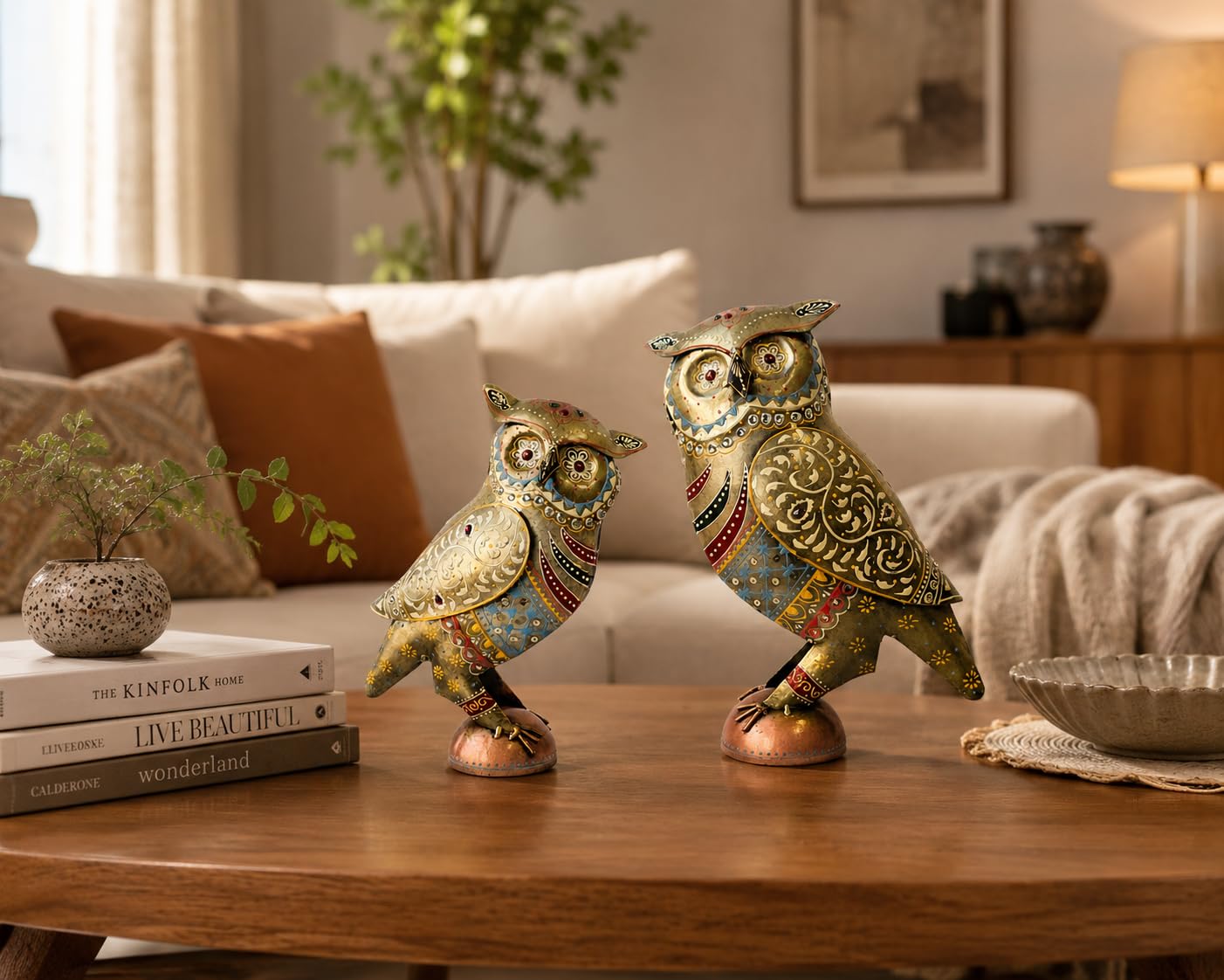 Handcrafted 13 & 10 inch Metal Rajasthani Owl Set for Home Decor | Traditional Indian Art Decorative Owl Figurines | Vintage Hand-Painted Showpiece Set of 2.