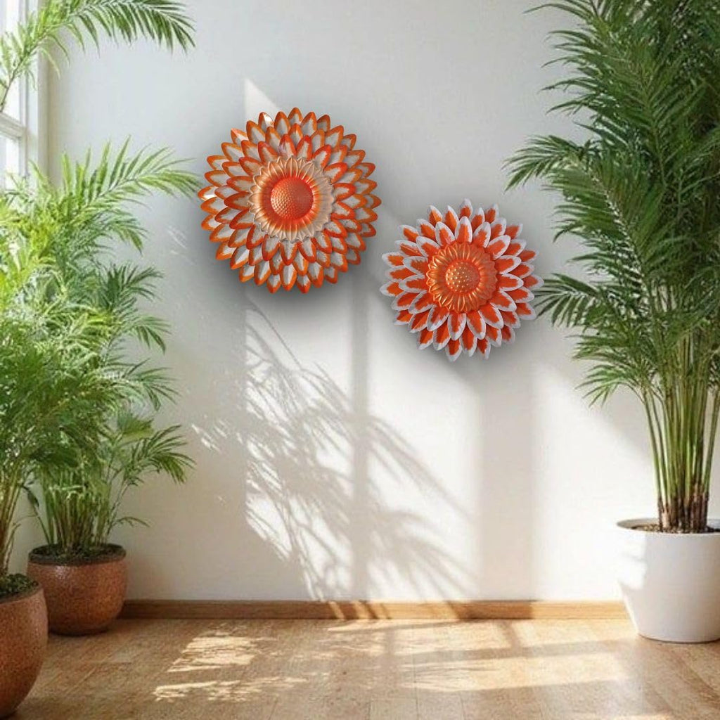 Metal Kesariya Flower Wall Art Decor, Handmade 3D Layered Petal Design, Set of 2 (13x13 inch and 11x11 inch) (Metallic Kesariya)
