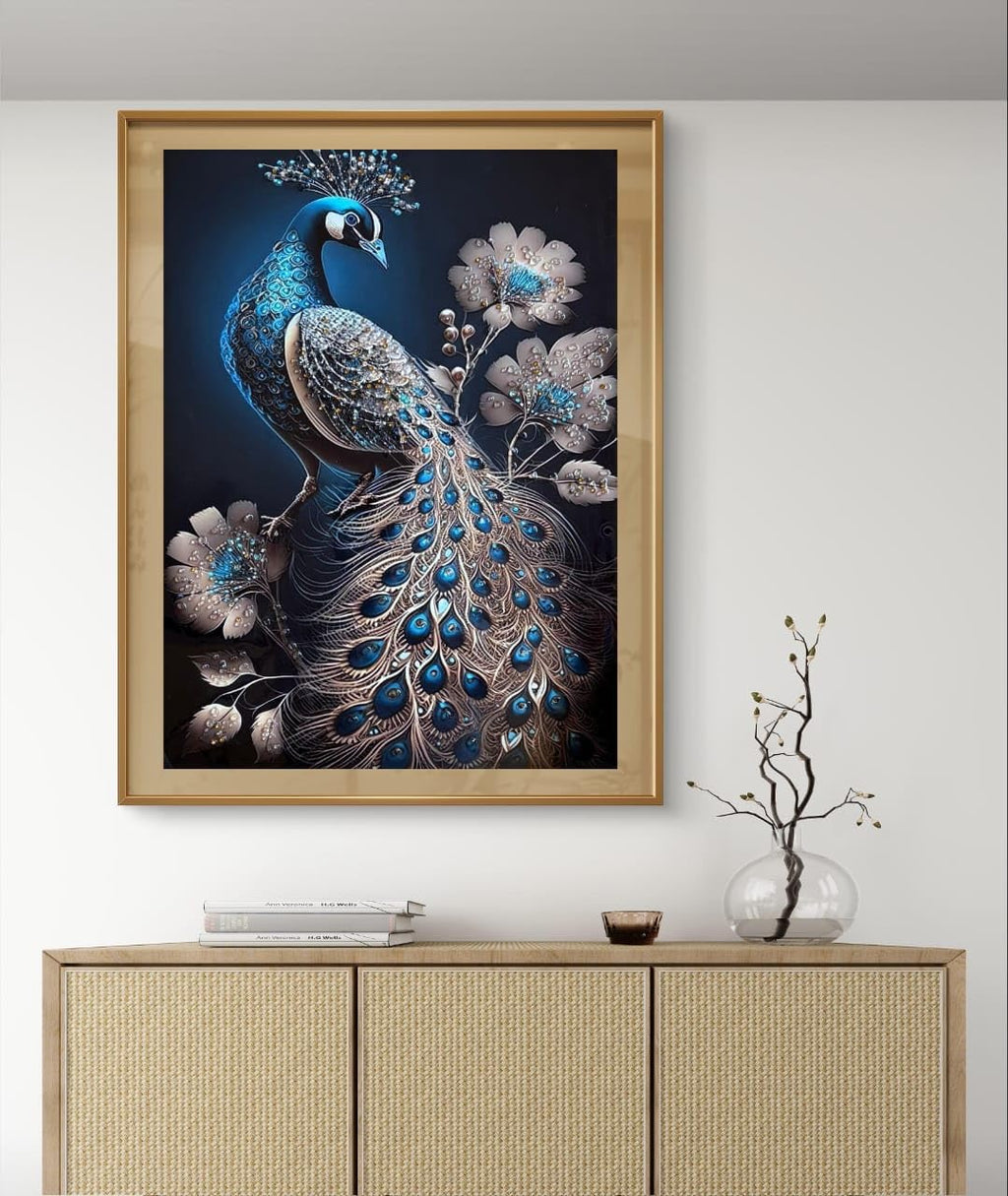 Crystal Peacock Wall Art, Framed Painting for Living Room.