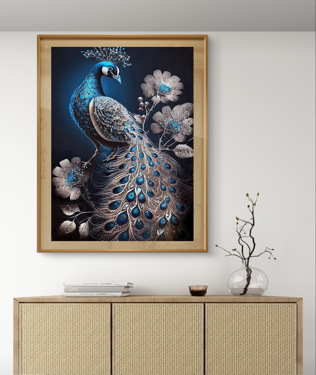 Crystal Peacock Wall Art, Framed Painting for Living Room.