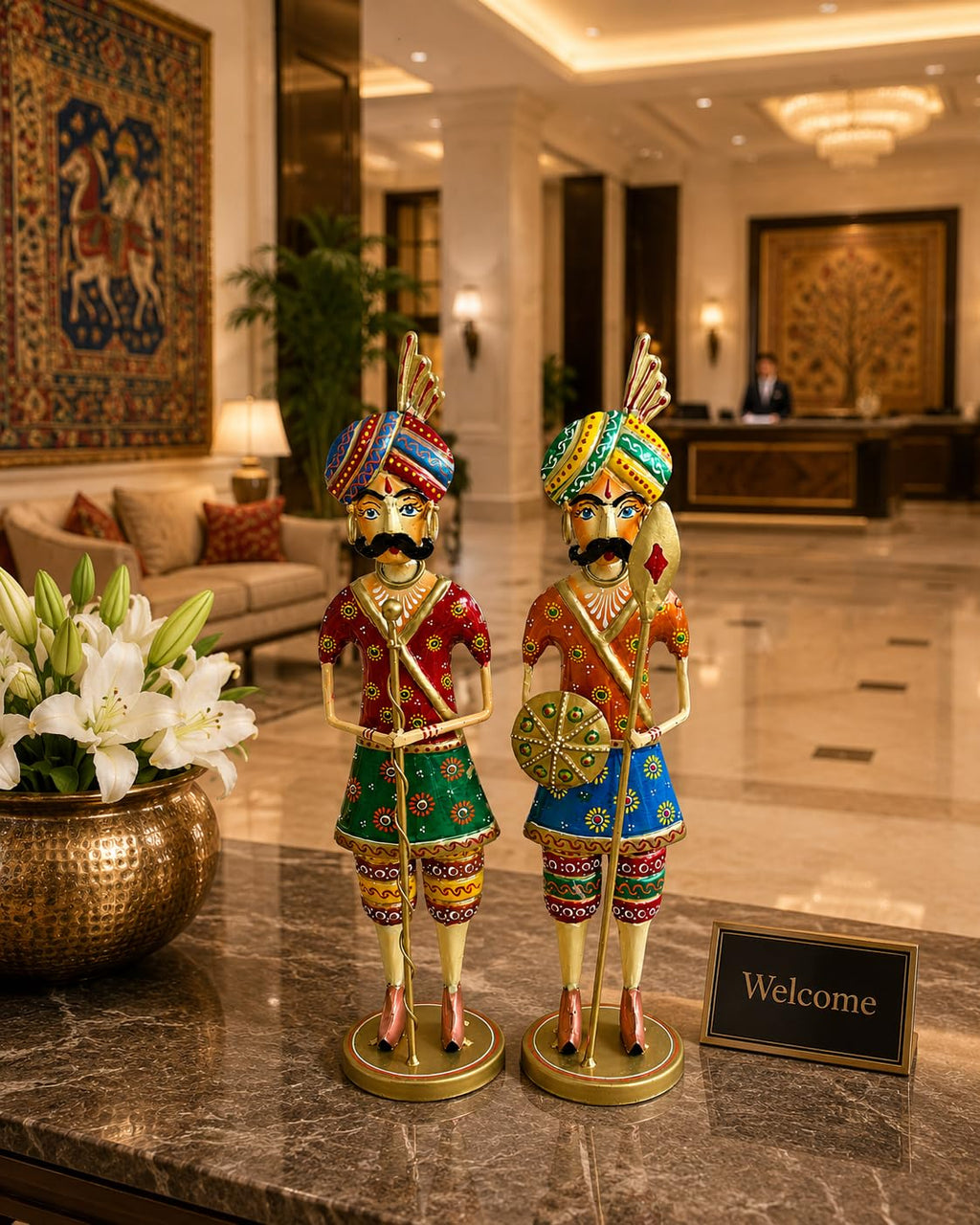 Handcrafted Metal Rajasthani Chowkidar Set of 2 | Traditional Hand-Painted Royal Warrior Figurines | Indian Folk Art Decorative Showpiece for Home, Office & Lobby Decor | 15 Inch