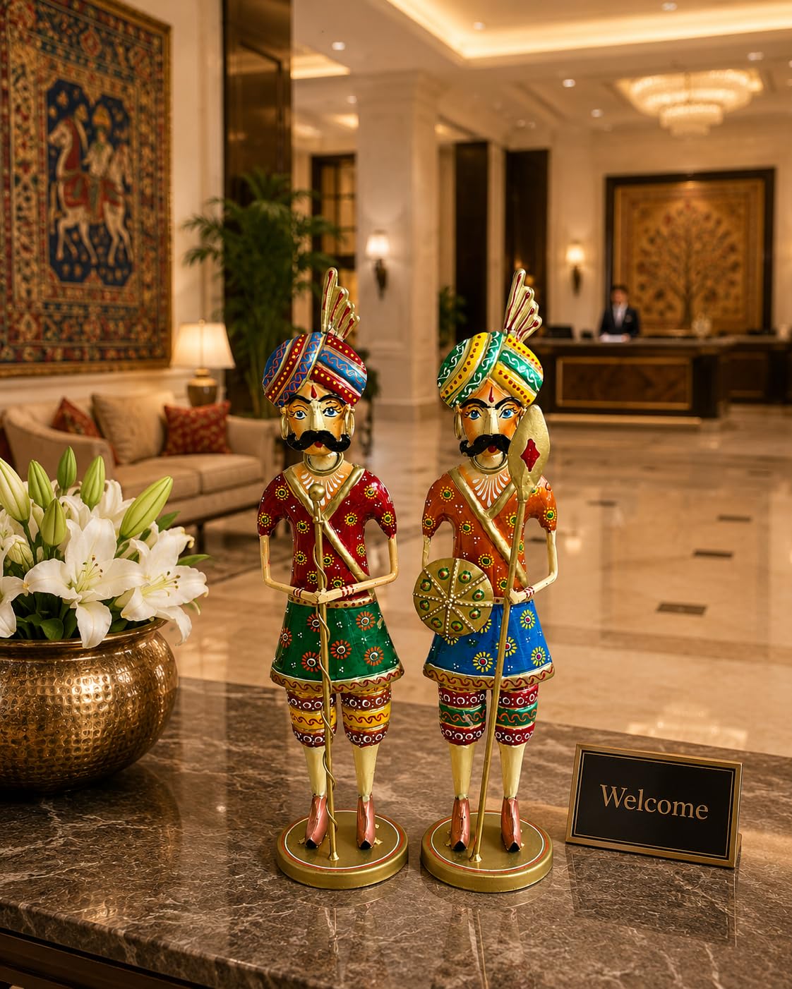 Handcrafted Metal Rajasthani Chowkidar Set of 2 | Traditional Hand-Painted Royal Warrior Figurines | Indian Folk Art Decorative Showpiece for Home, Office & Lobby Decor | 15 Inch