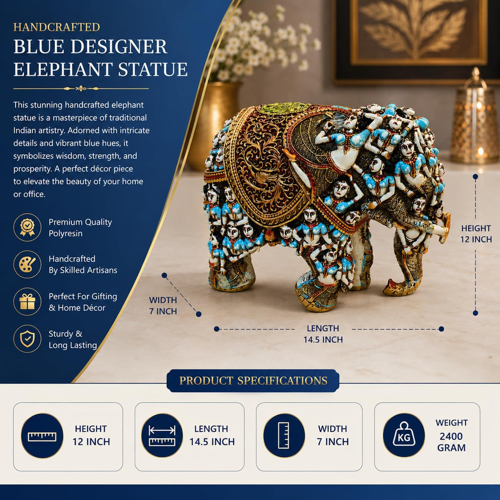 Handcrafted 3D Designer Elephant Statue for Home Décor –Polyresin | Symbol of Strength, Wisdom & Prosperity | Decorative Gift for Living Room & Office(Big Size-12/14) (Blue) (Copy)