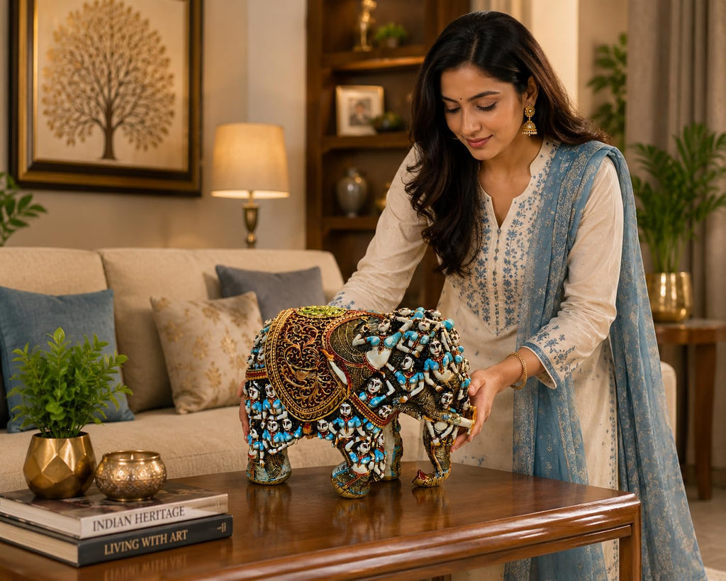Handcrafted 3D Designer Elephant Statue for Home Décor –Polyresin | Symbol of Strength, Wisdom & Prosperity | Decorative Gift for Living Room & Office(Big Size-12/14) (Blue) (Copy)