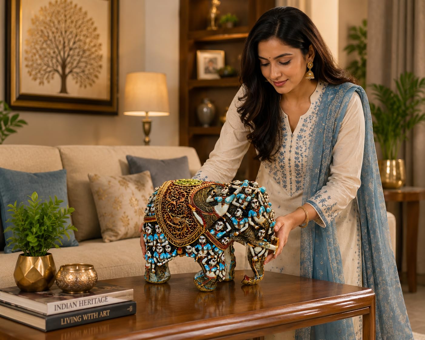 Handcrafted 3D Designer Elephant Statue for Home Décor –Polyresin | Symbol of Strength, Wisdom & Prosperity | Decorative Gift for Living Room & Office(Big Size-12/14) (Blue) (Copy)