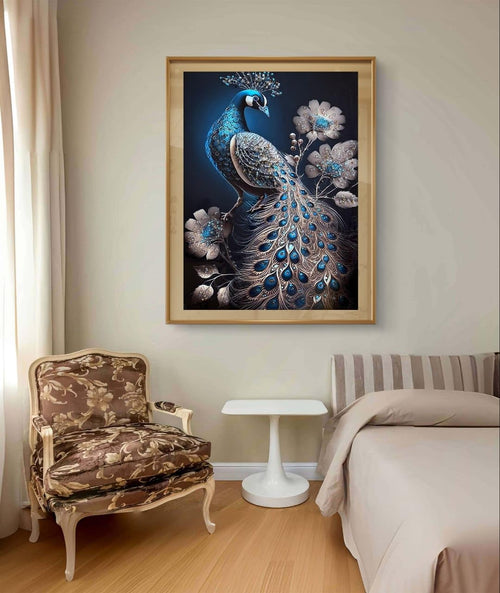 Crystal Peacock Wall Art, Framed Painting for Living Room.