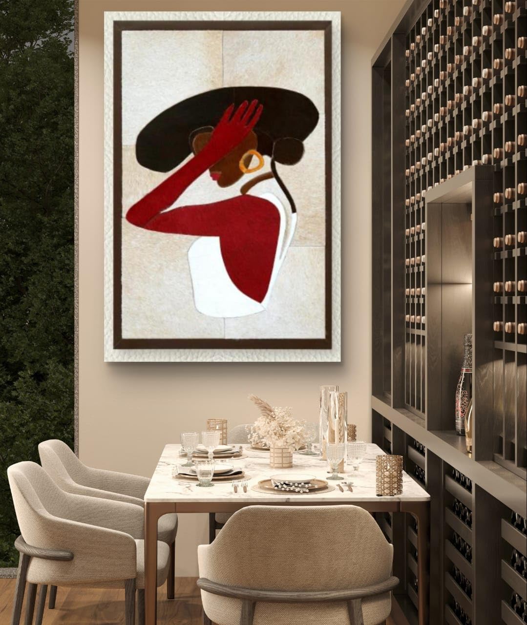 Leather Wall Art decor Lady with Hat Painting, Large Framed, 20 x 28