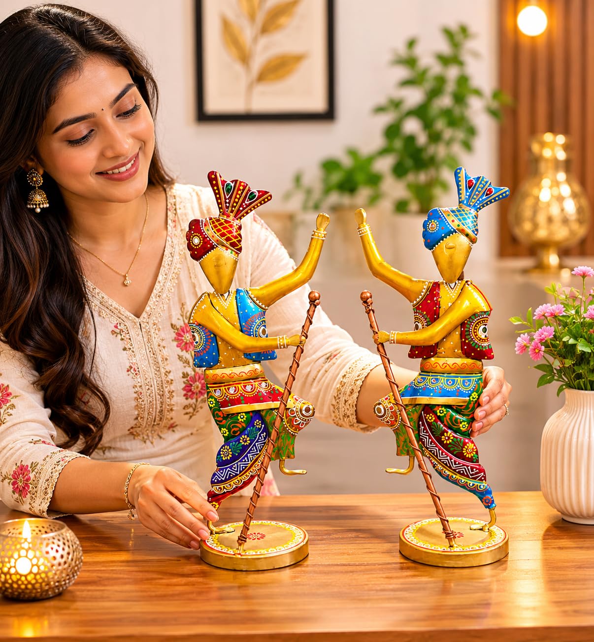 Handcrafted 14 Inch Metal Rajasthani Punjabi Bhangra Sardars Set of 2 | Traditional Hand-Painted Indian Folk Art Showpiece | Decorative Home & Office Décor Gift