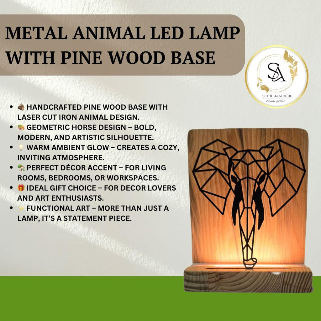 Metal Elephant LED Table Lamp with Pine Wood Base, Natural Wood, Laser Cut Design, 9x7 Inches, Decorative Ambient Lighting Modern Style
