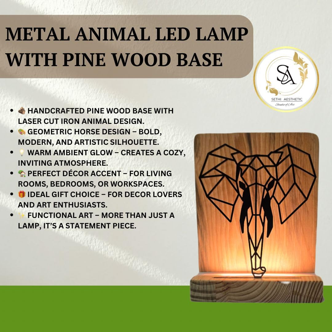 Metal Elephant LED Table Lamp with Pine Wood Base, Natural Wood, Laser Cut Design, 9x7 Inches, Decorative Ambient Lighting Modern Style