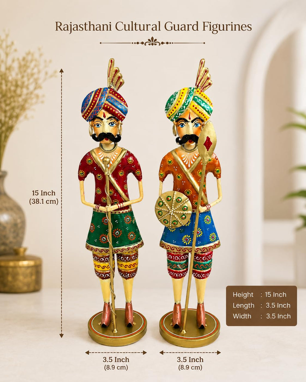 Handcrafted Metal Rajasthani Chowkidar Set of 2 | Traditional Hand-Painted Royal Warrior Figurines | Indian Folk Art Decorative Showpiece for Home, Office & Lobby Decor | 15 Inch
