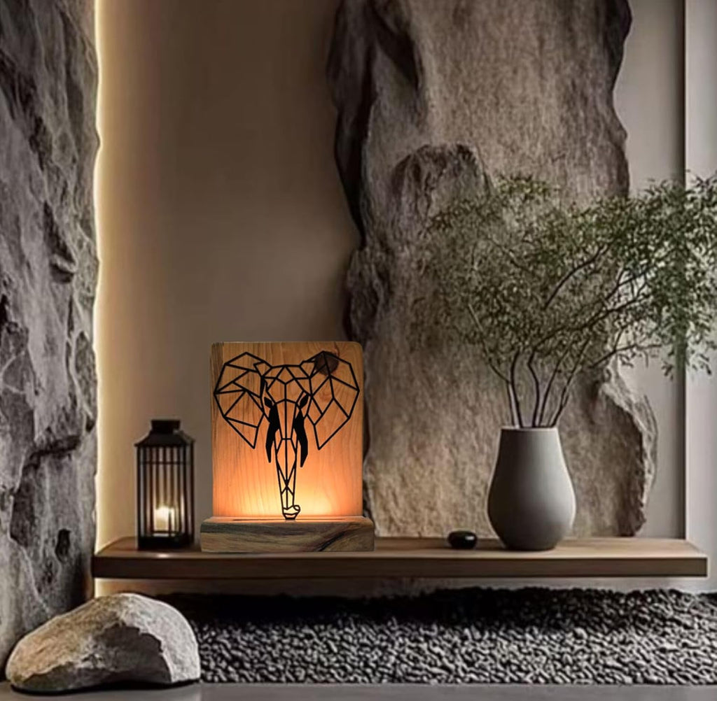 Metal Elephant LED Table Lamp with Pine Wood Base, Natural Wood, Laser Cut Design, 9x7 Inches, Decorative Ambient Lighting Modern Style