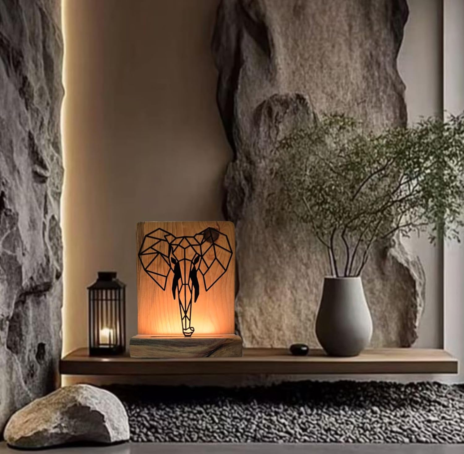Metal Elephant LED Table Lamp with Pine Wood Base, Natural Wood, Laser Cut Design, 9x7 Inches, Decorative Ambient Lighting Modern Style