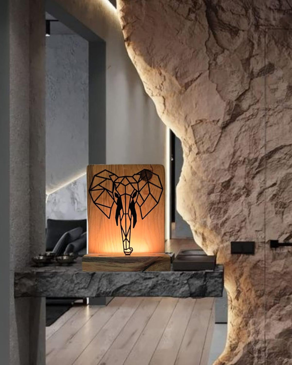 Metal Elephant LED Table Lamp with Pine Wood Base, Natural Wood, Laser Cut Design, 9x7 Inches, Decorative Ambient Lighting Modern Style