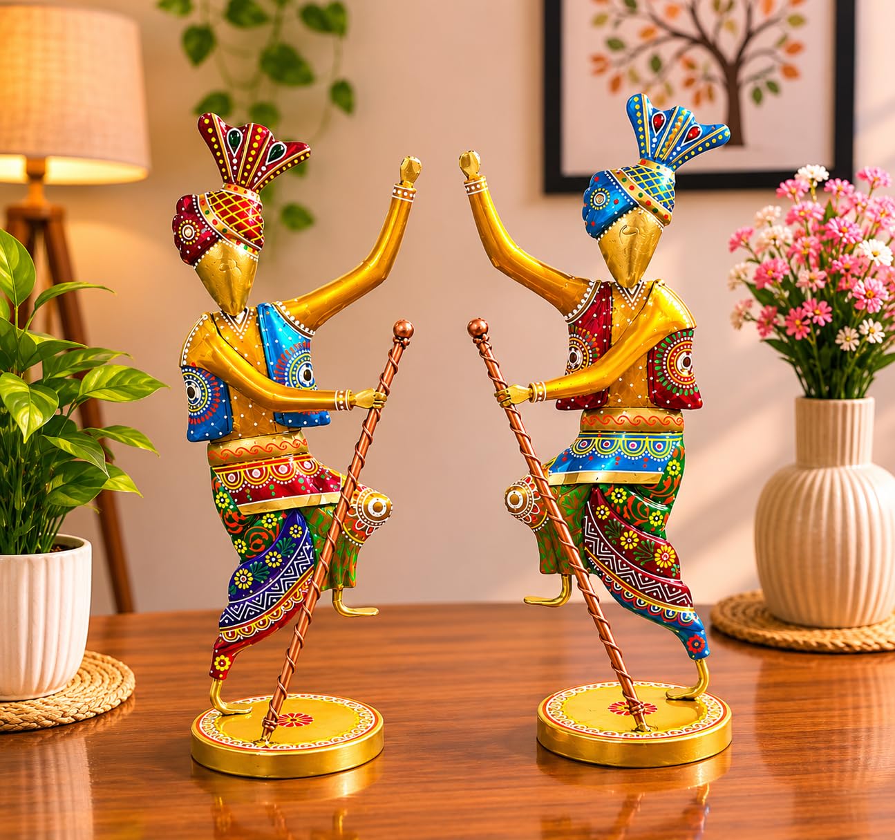 Handcrafted 14 Inch Metal Rajasthani Punjabi Bhangra Sardars Set of 2 | Traditional Hand-Painted Indian Folk Art Showpiece | Decorative Home & Office Décor Gift
