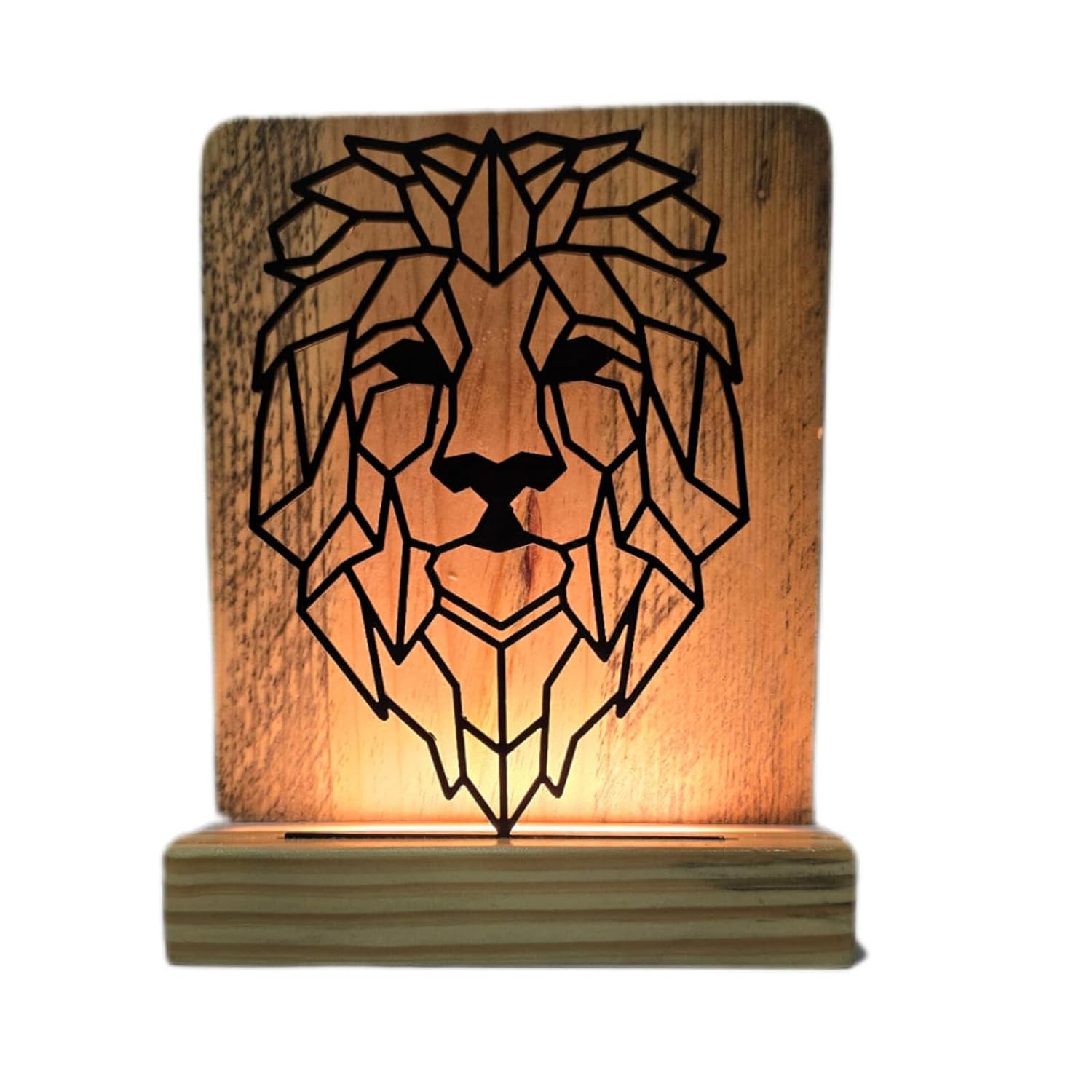 Metal Lion LED Table Lamp with Pine Wood Base, Laser Cut Design, 9x7 Inches, Decorative Ambient Lighting Modern Style, Warm White