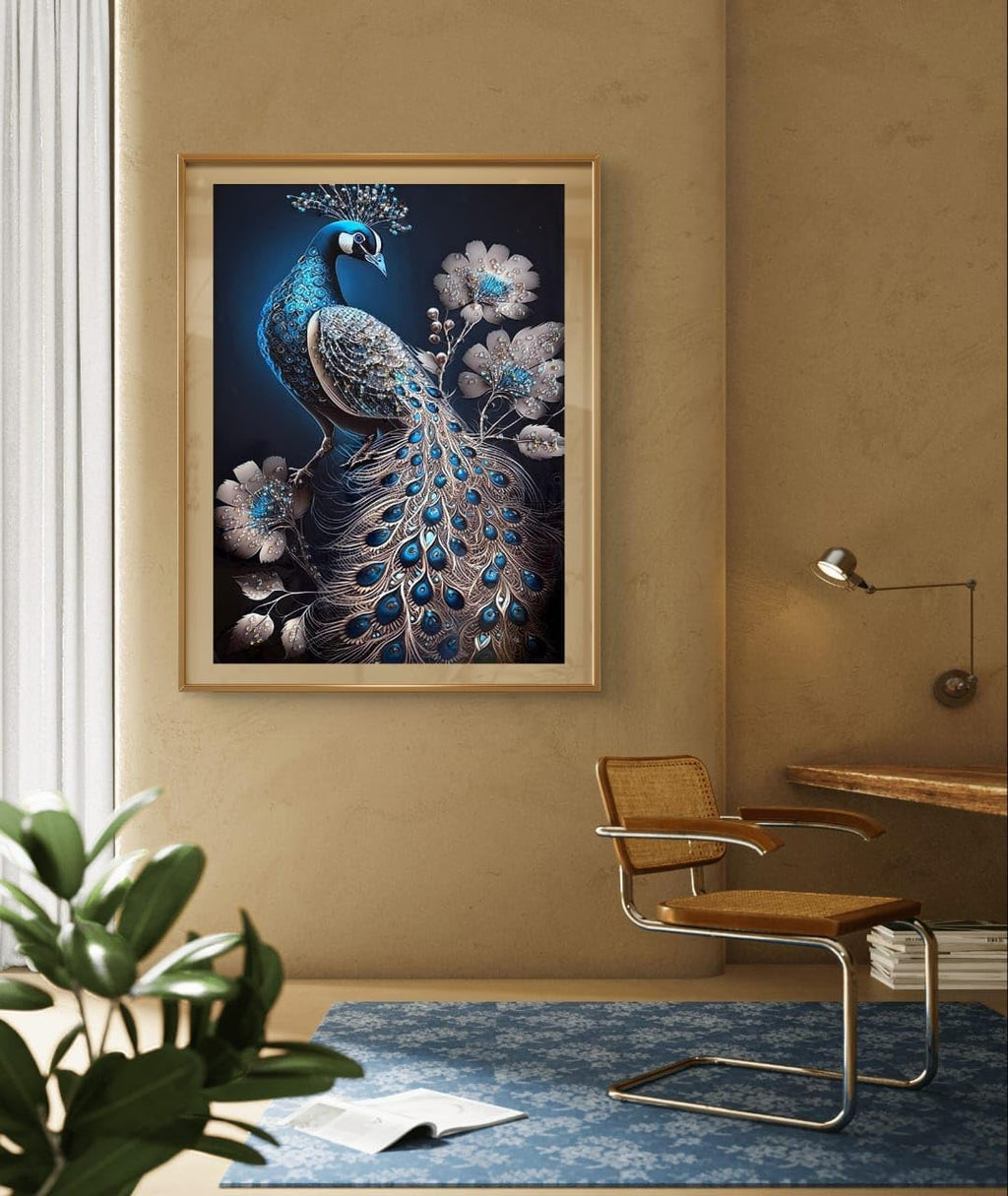 Crystal Peacock Wall Art, Framed Painting for Living Room.