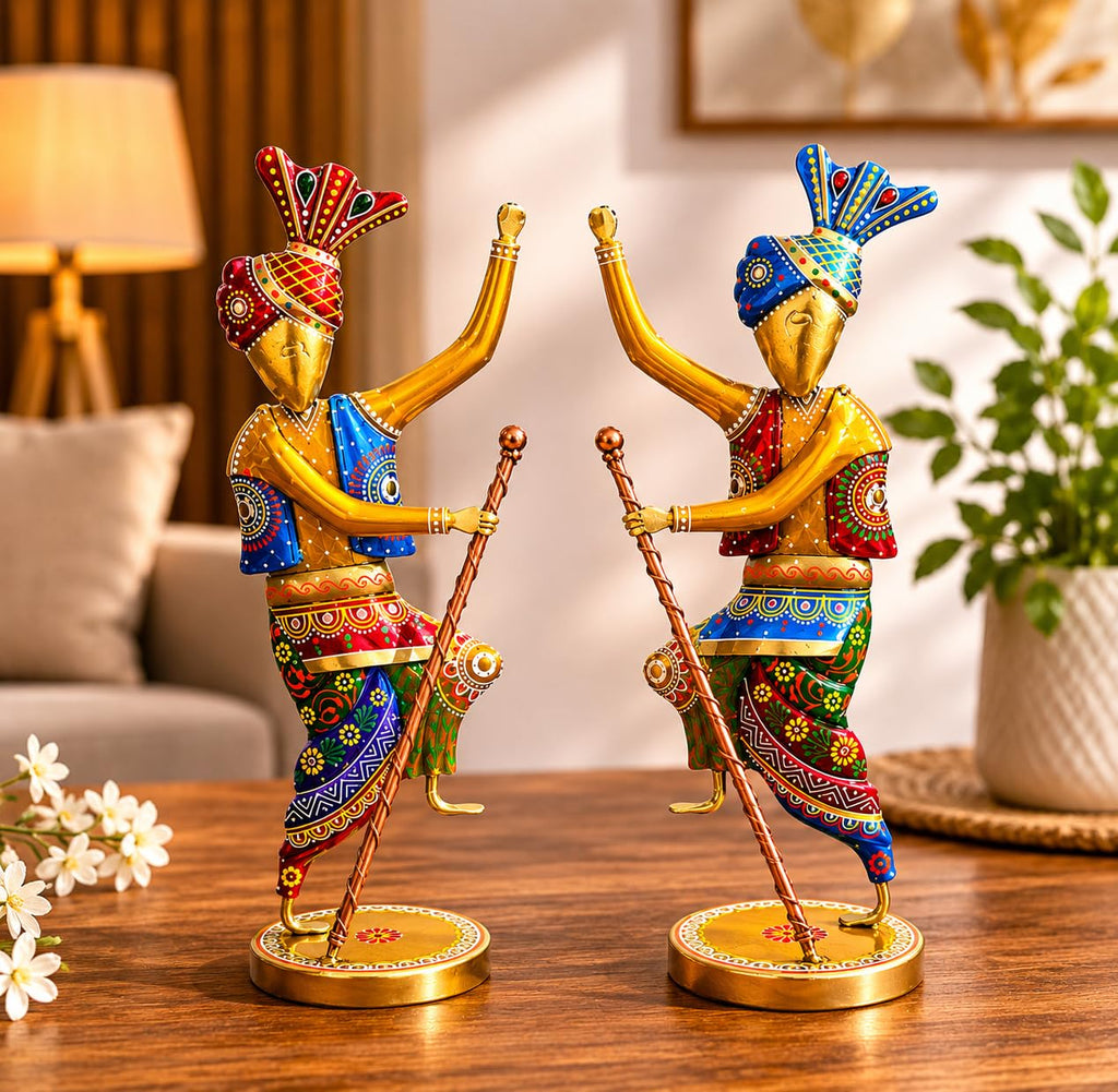 Handcrafted 14 Inch Metal Rajasthani Punjabi Bhangra Sardars Set of 2 | Traditional Hand-Painted Indian Folk Art Showpiece | Decorative Home & Office Décor Gift
