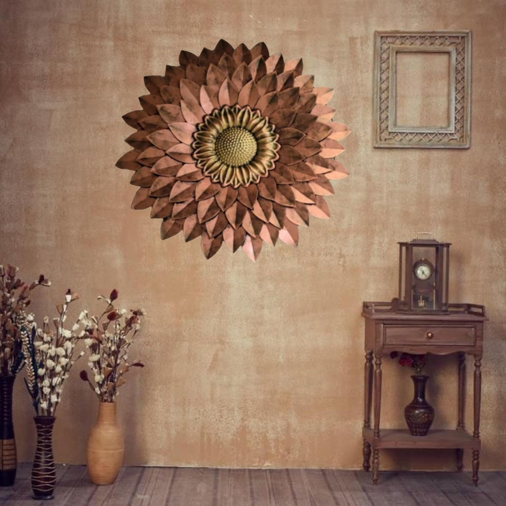 Metal Designer Flower Wall Decor - Size 21 X 21 inch (Copper Brown)