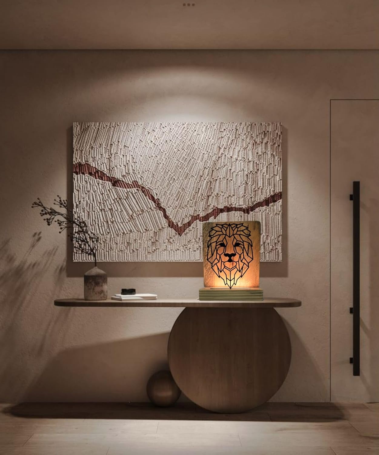 Metal Lion LED Table Lamp with Pine Wood Base, Laser Cut Design, 9x7 Inches, Decorative Ambient Lighting Modern Style, Warm White