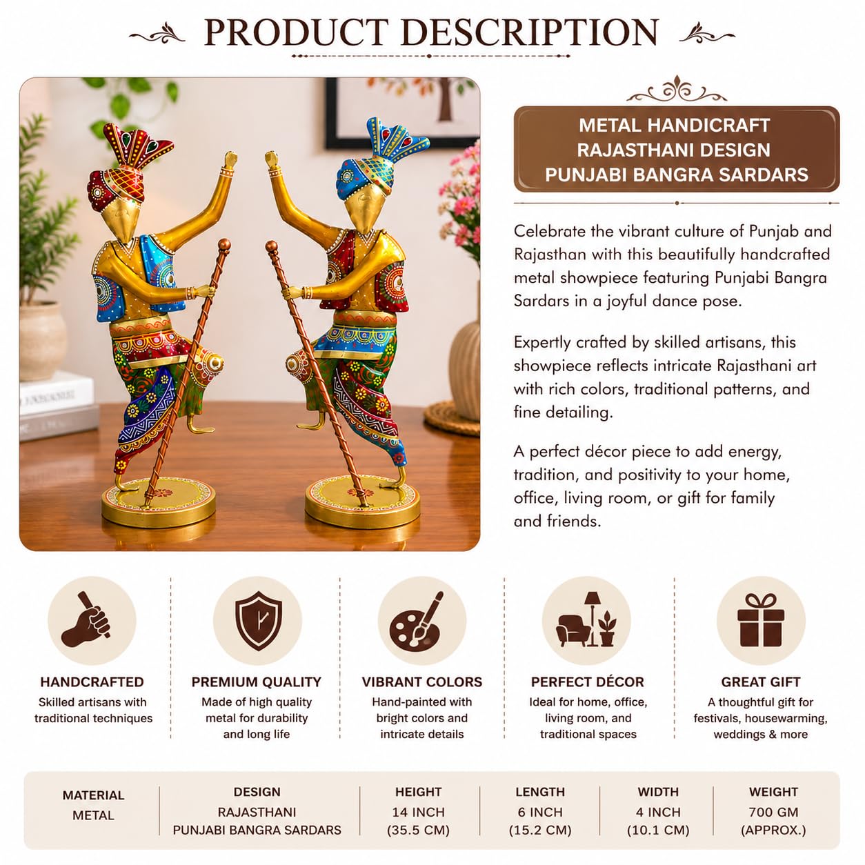 Handcrafted 14 Inch Metal Rajasthani Punjabi Bhangra Sardars Set of 2 | Traditional Hand-Painted Indian Folk Art Showpiece | Decorative Home & Office Décor Gift