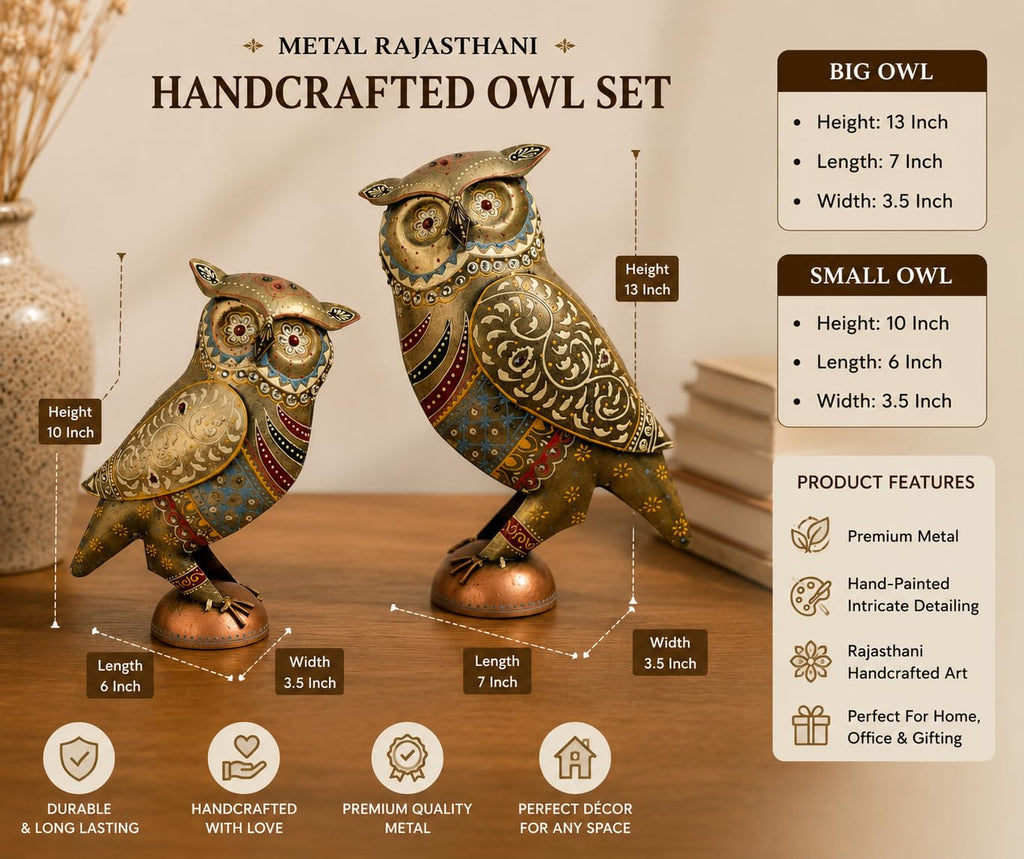 Handcrafted 13 & 10 inch Metal Rajasthani Owl Set for Home Decor | Traditional Indian Art Decorative Owl Figurines | Vintage Hand-Painted Showpiece Set of 2.