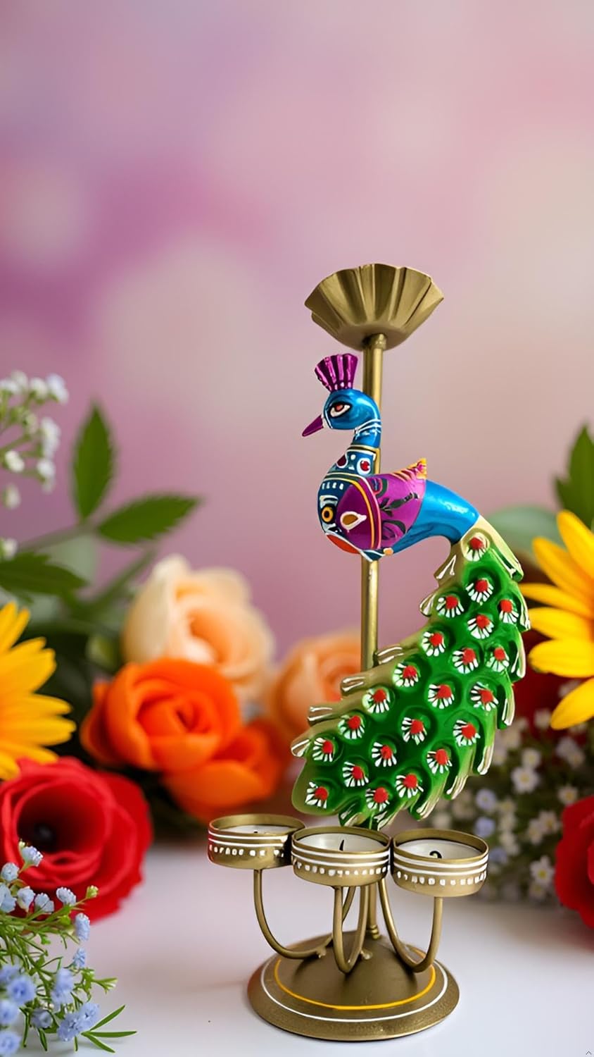 Metal Peacock Tealight Candle Holder Rajasthani Design for Diwali Festive