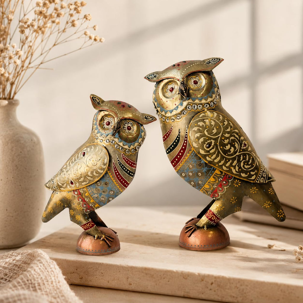 Handcrafted 13 & 10 inch Metal Rajasthani Owl Set for Home Decor | Traditional Indian Art Decorative Owl Figurines | Vintage Hand-Painted Showpiece Set of 2.