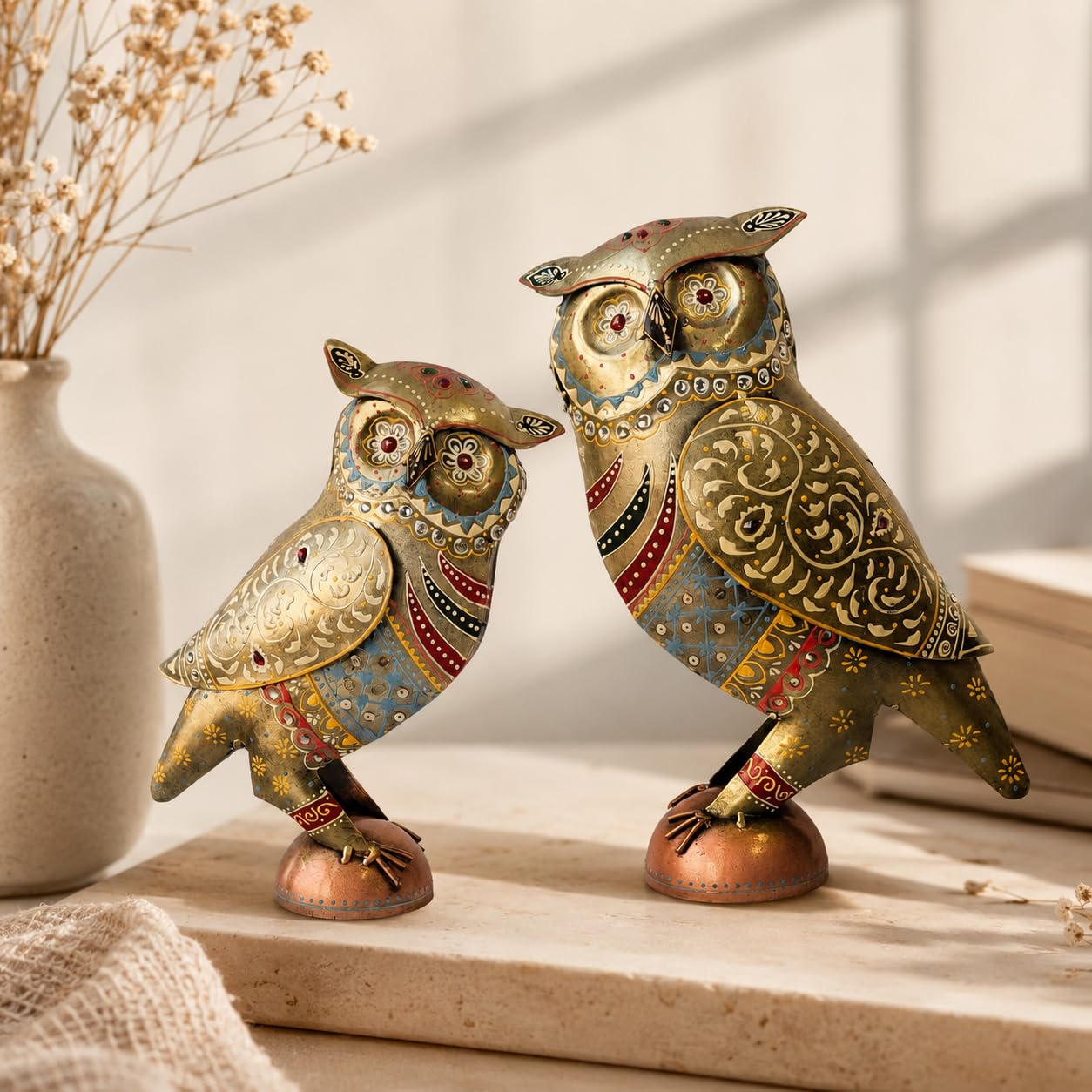 Handcrafted 13 & 10 inch Metal Rajasthani Owl Set for Home Decor | Traditional Indian Art Decorative Owl Figurines | Vintage Hand-Painted Showpiece Set of 2.