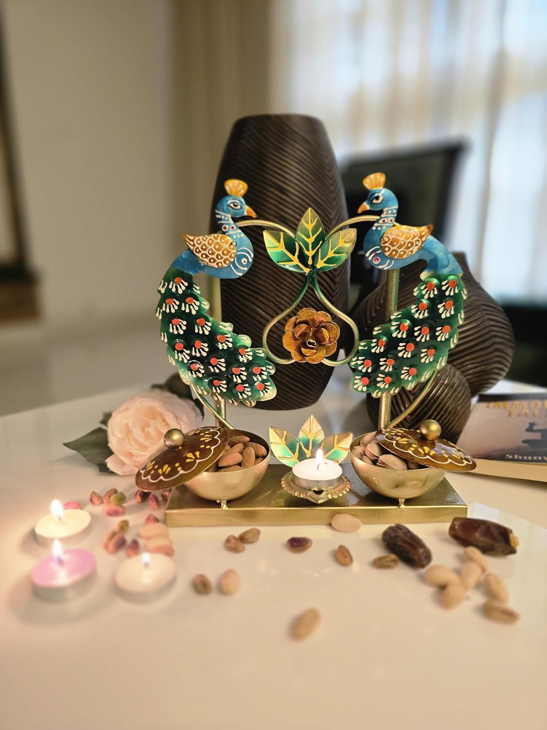 Metal Peacock Tealight Candle Holder/Dry Fruit Container, Handcrafted; Festive Decoration and marraige Return Gifting 25 x 25 cm