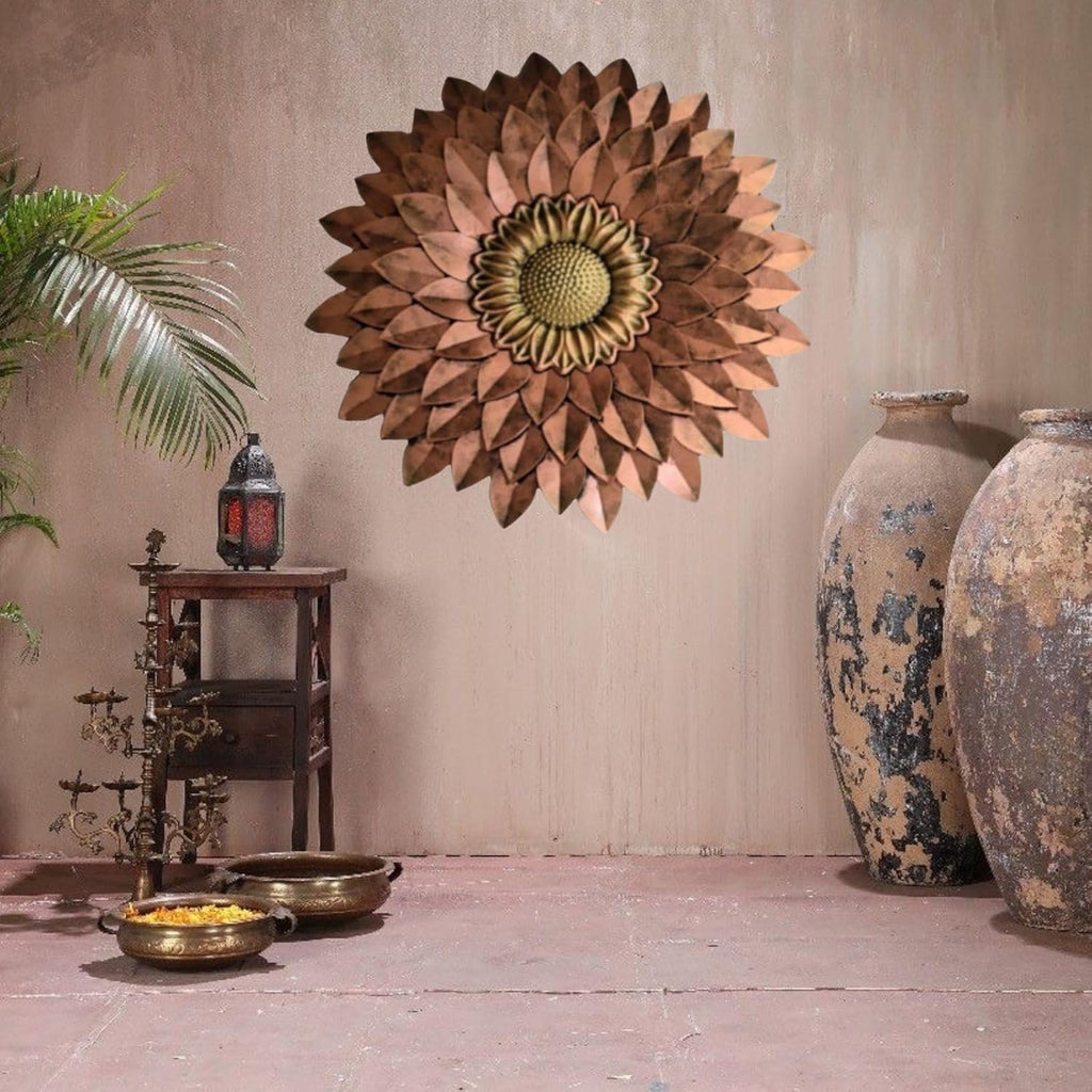Metal Designer Flower Wall Decor - Size 21 X 21 inch (Copper Brown)