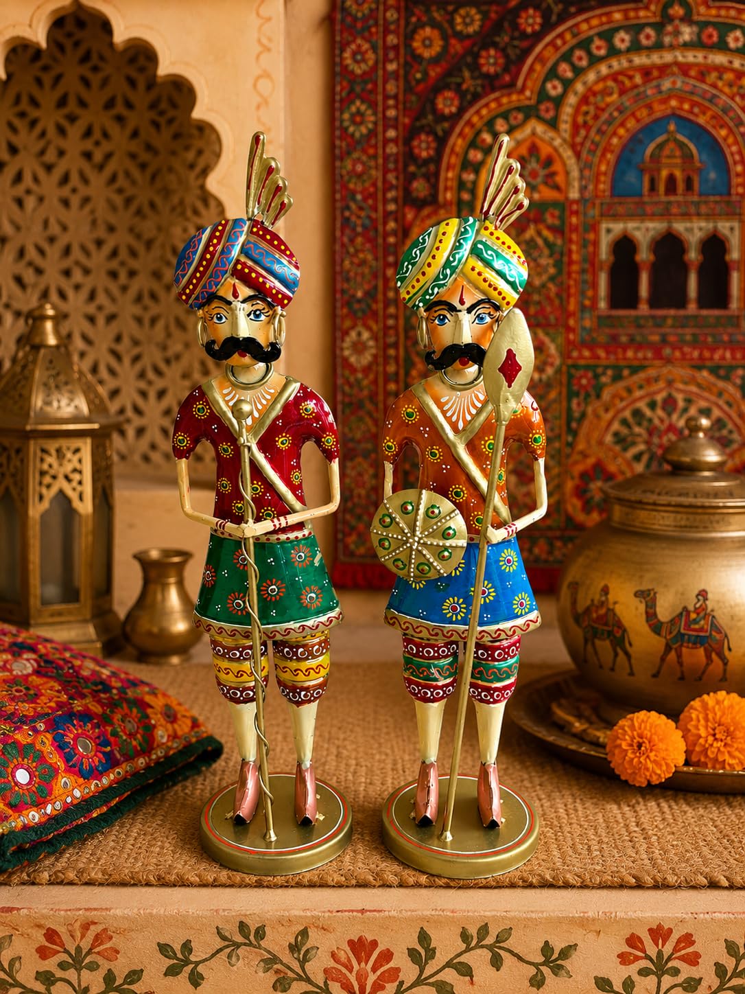 Handcrafted Metal Rajasthani Chowkidar Set of 2 | Traditional Hand-Painted Royal Warrior Figurines | Indian Folk Art Decorative Showpiece for Home, Office & Lobby Decor | 15 Inch