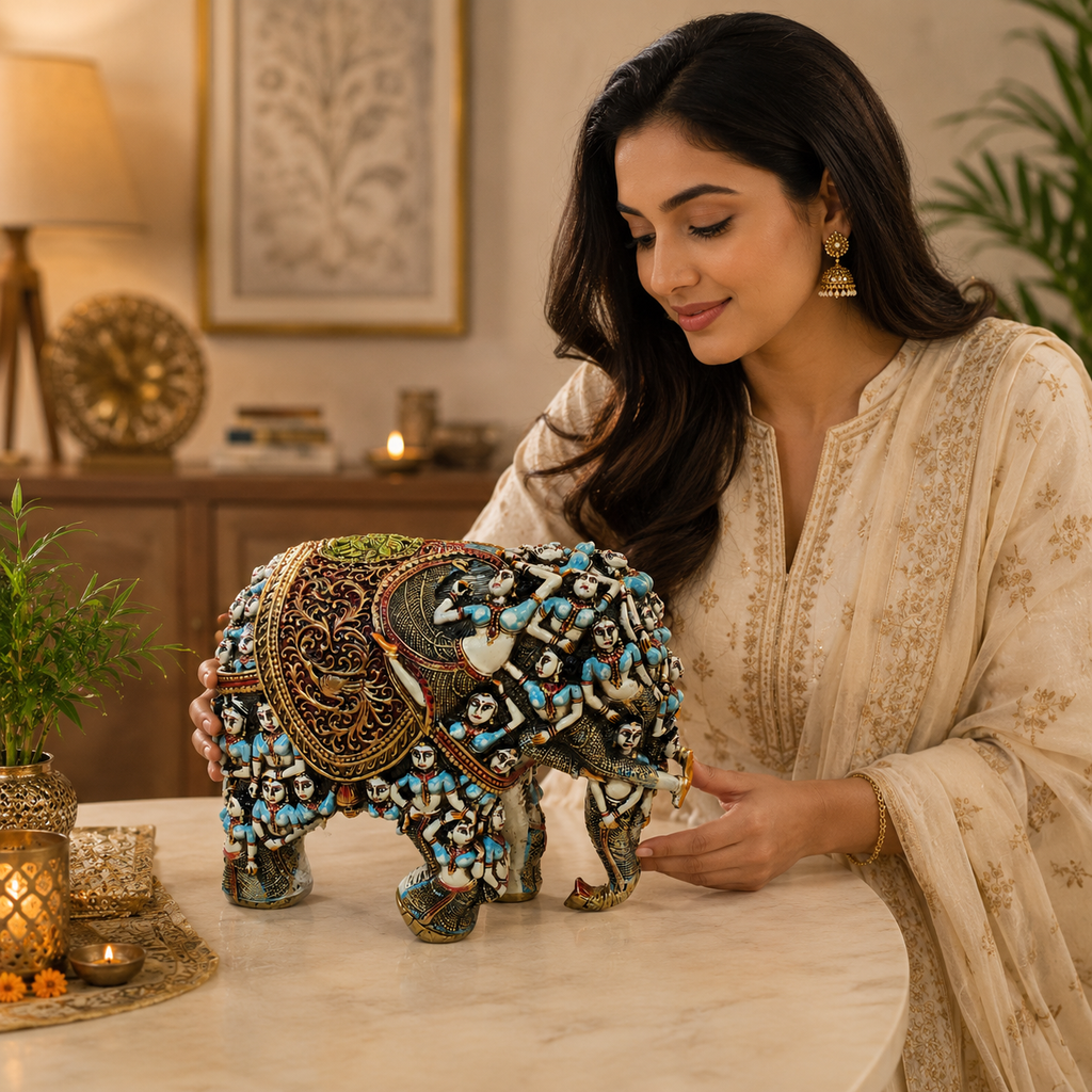 Handcrafted 3D Designer Elephant Statue for Home Décor –Polyresin | Symbol of Strength, Wisdom & Prosperity | Decorative Gift for Living Room & Office(Big Size-12/14) (Blue)