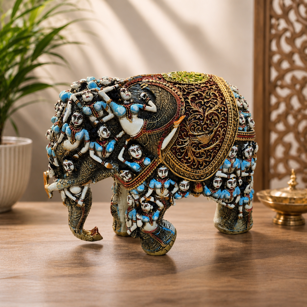 Handcrafted 3D Designer Elephant Statue for Home Décor –Polyresin | Symbol of Strength, Wisdom & Prosperity | Decorative Gift for Living Room & Office(Big Size-12/14) (Blue)